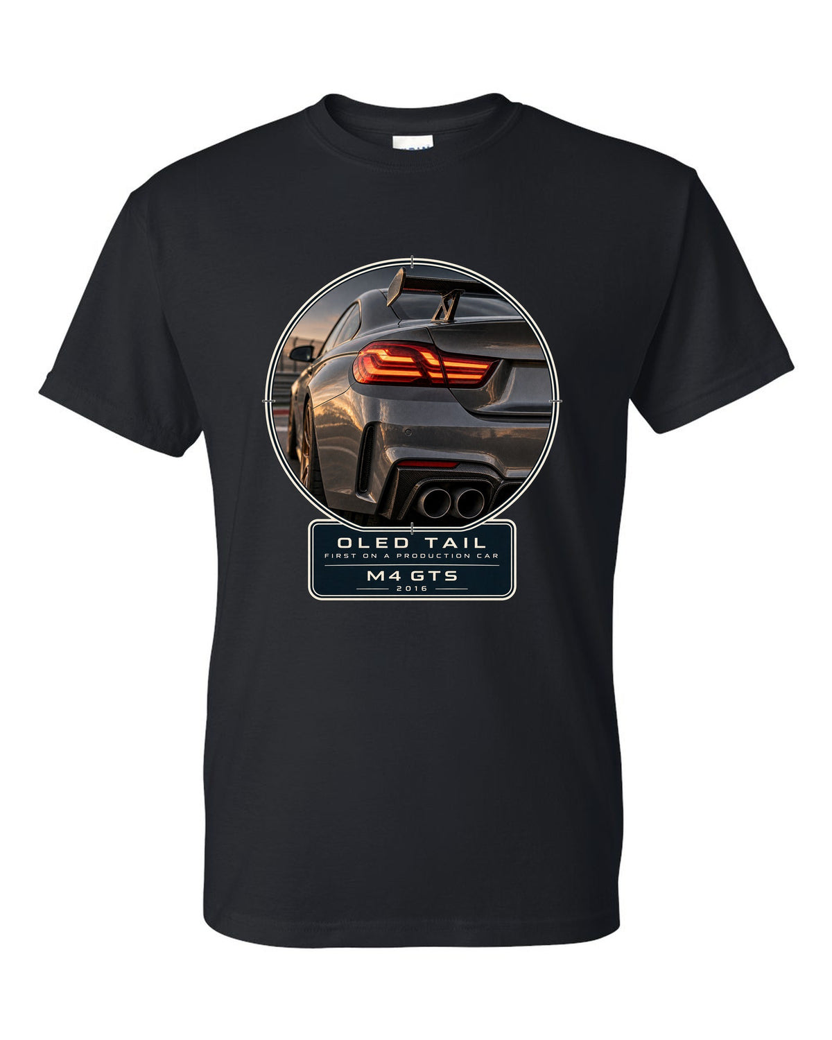 BMW M4 GTS OLED taillight macro print design black t-shirt front view with the design