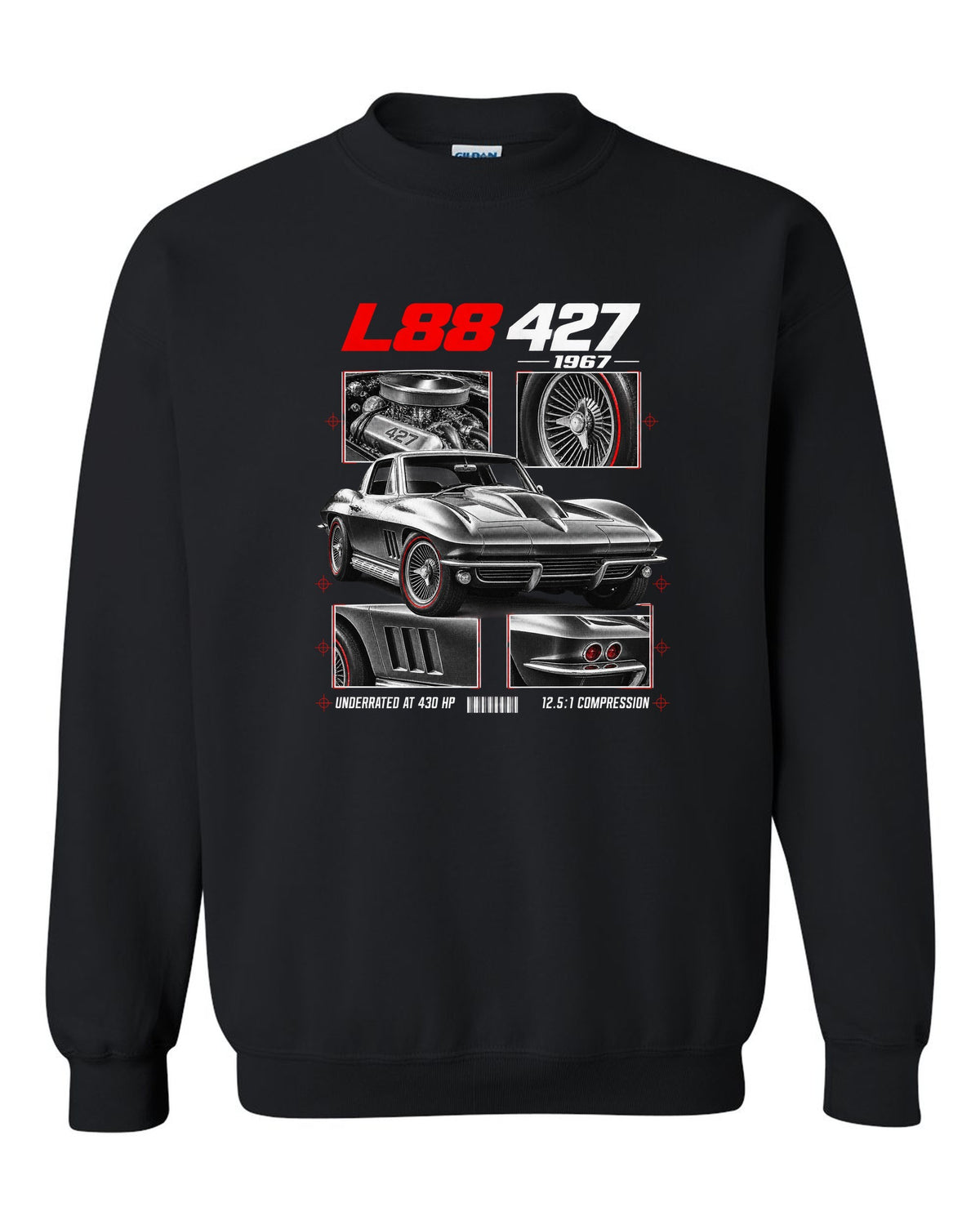 Chevrolet Corvette C2 Sting Ray 1967 L88 427 dossier print black crewneck front view with the design