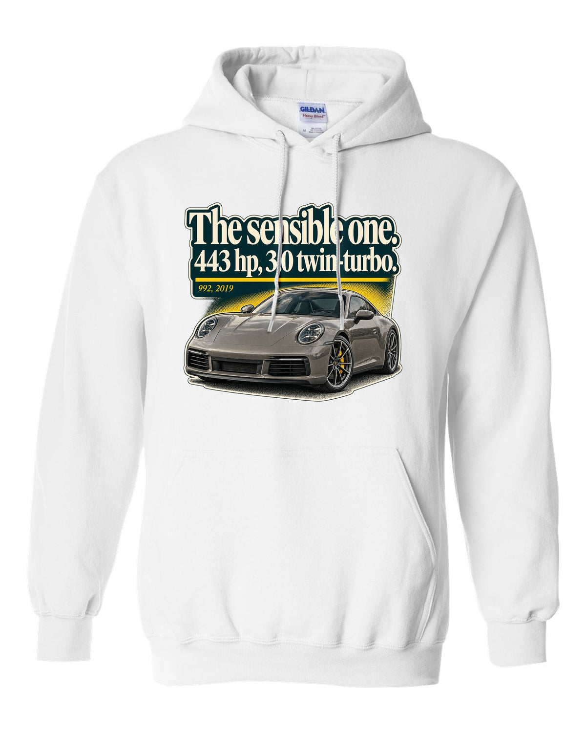 print of a Porsche 992 Carrera S coupe with an editorial headline layout white pull over hoodie front view with the design