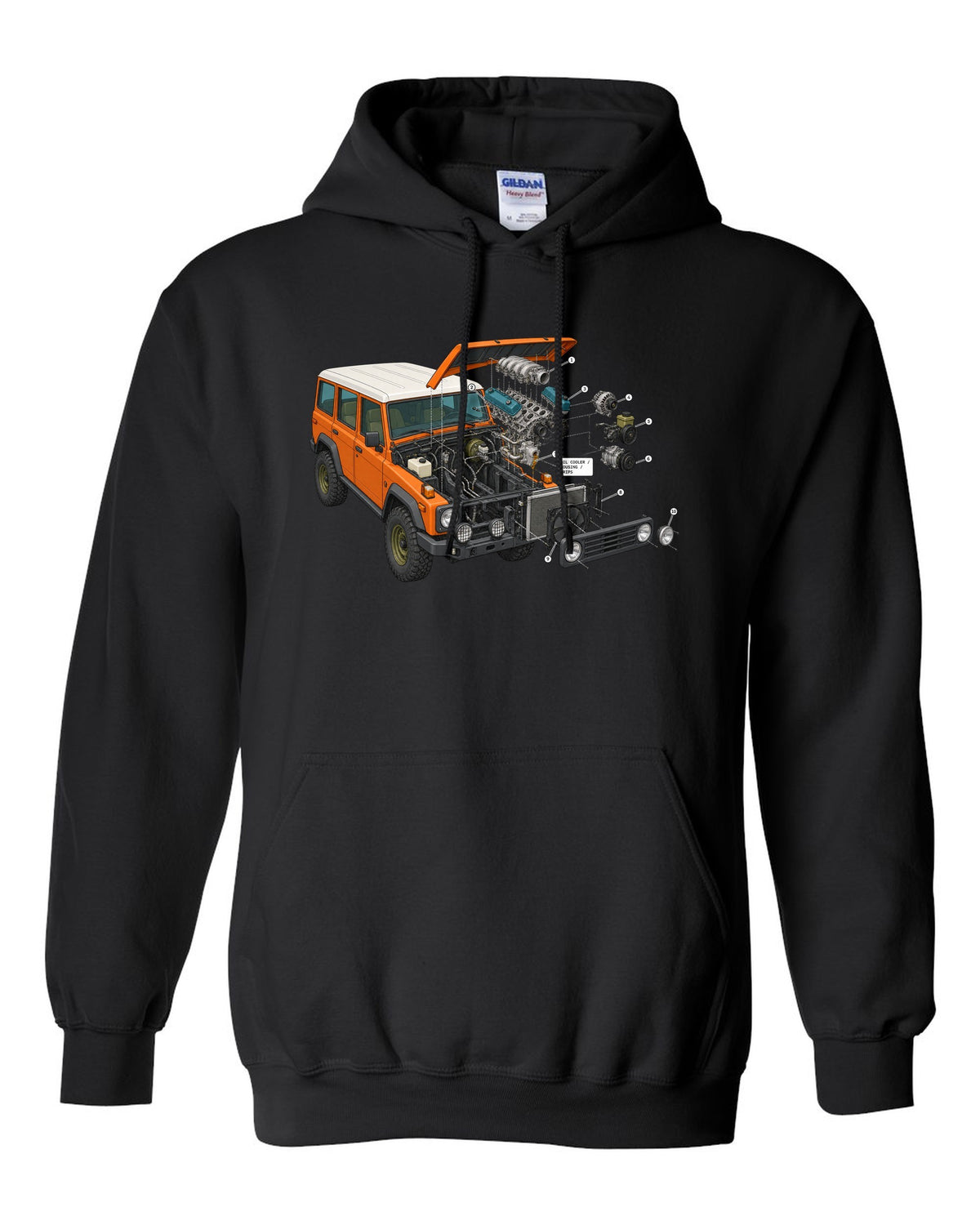 Jeep Wrangler JK V6 exploded engine bay diagram with oil cooler housing drips labels black pull over hoodie front view with the design