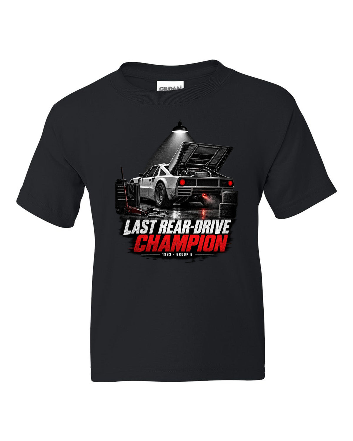 Garage night print of a Lancia Rally 037 with Last Rear-Drive Champion text black kids tee front view with the design