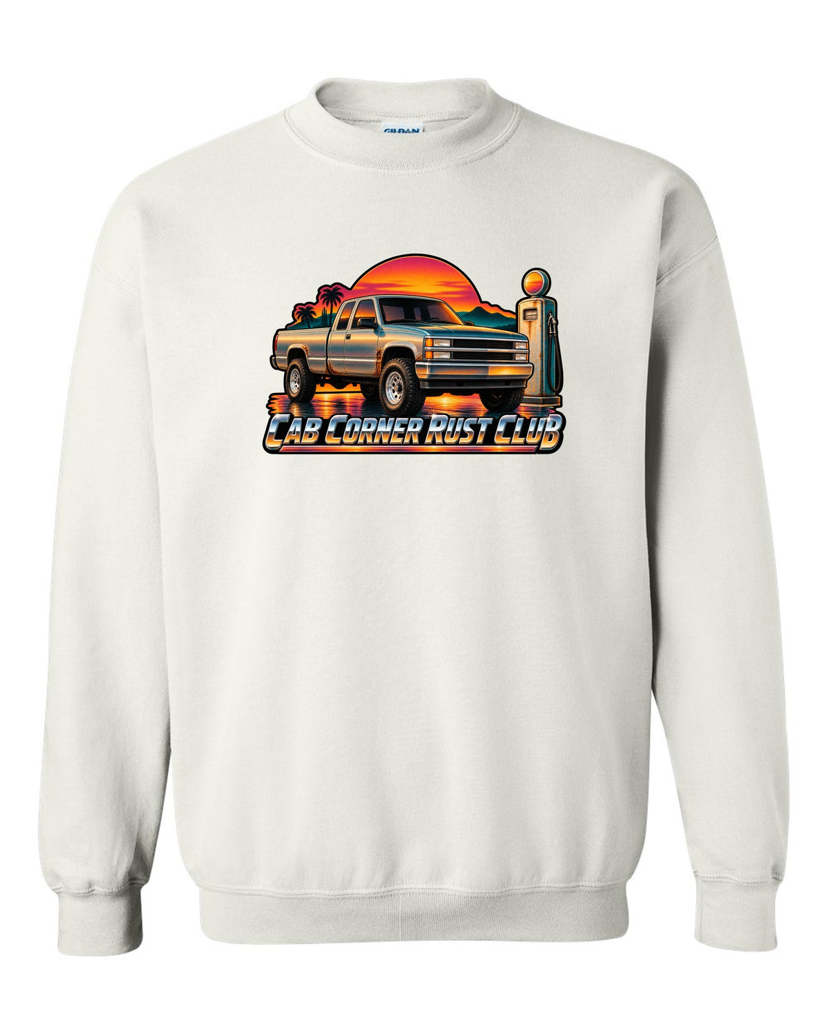70s airbrush sunset gas pump print of a 1988-1998 Chevrolet OBS Silverado with Cab Corner Rust Club text white crewneck front view with the design