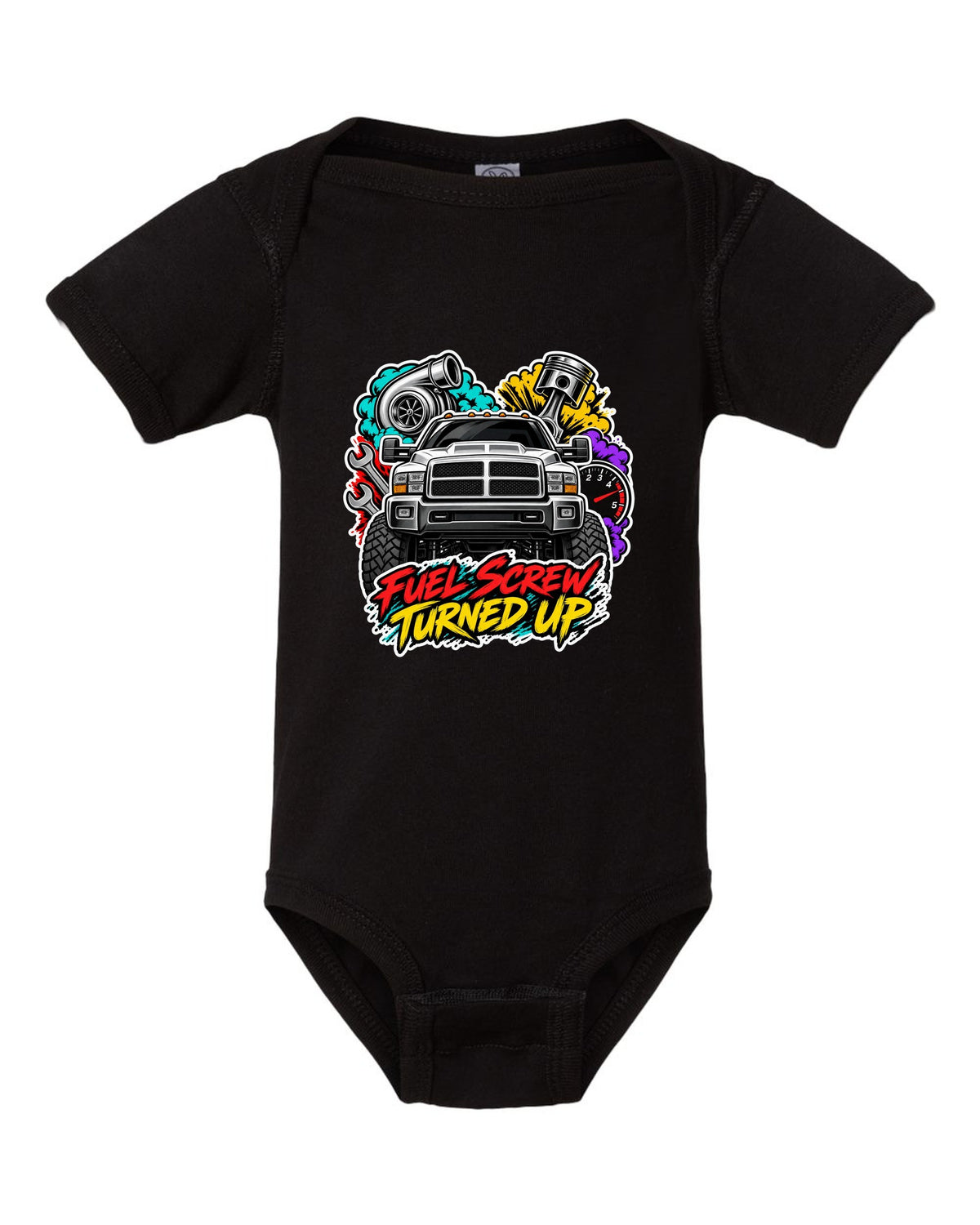 Sticker-bomb collage print of a 1994-1998 Dodge Ram 2500 12V Cummins with fuel screw text black baby onesie front view with the design