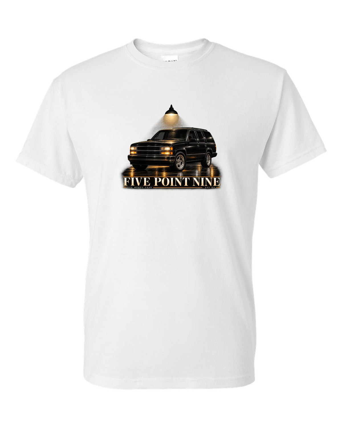 Garage night print for the 1998 Jeep Grand Cherokee ZJ 5.9 Limited white t-shirt front view with the design