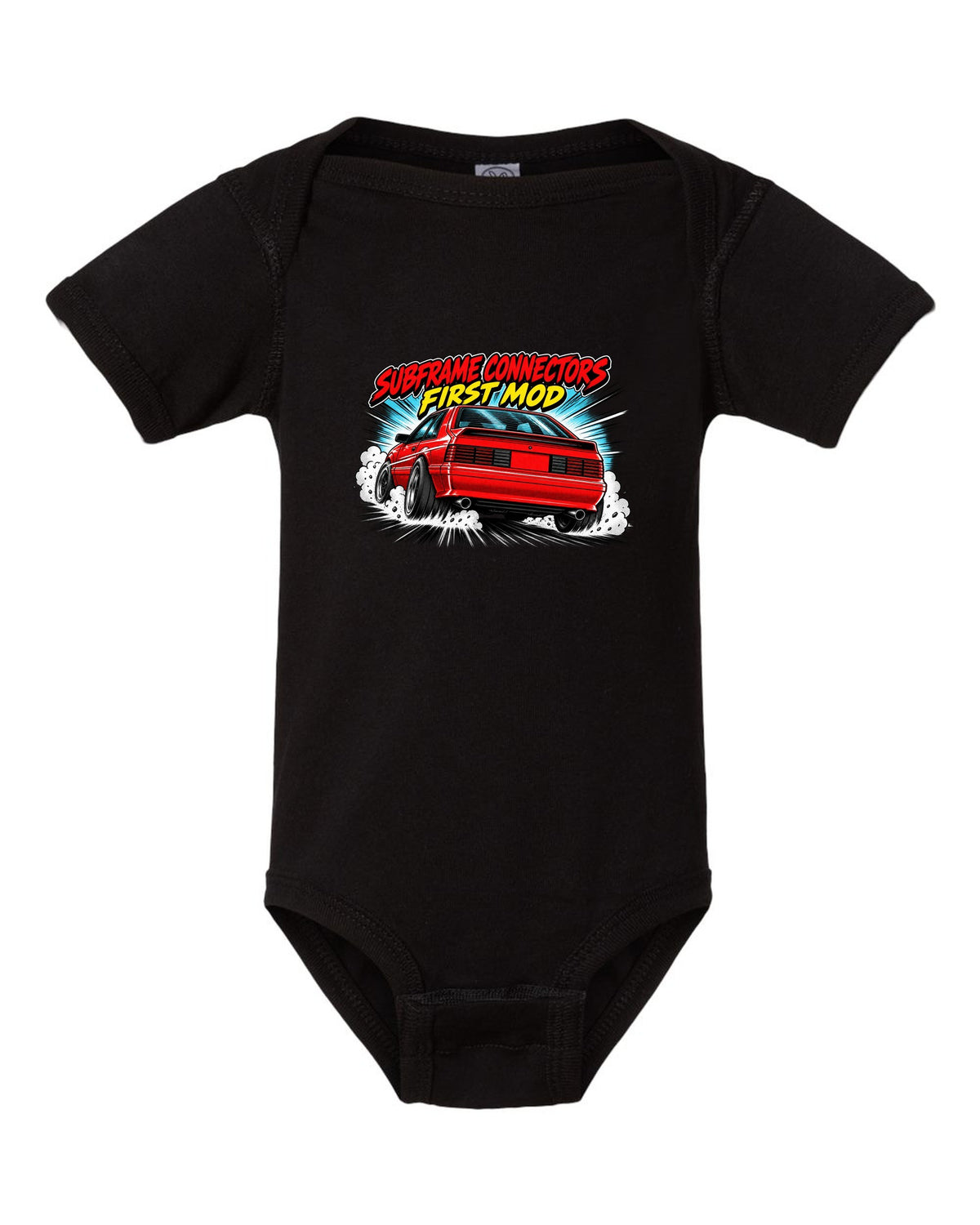 Retro manga halftone panel print of a 1991 Ford Mustang Fox Body GT chback black baby onesie front view with the design