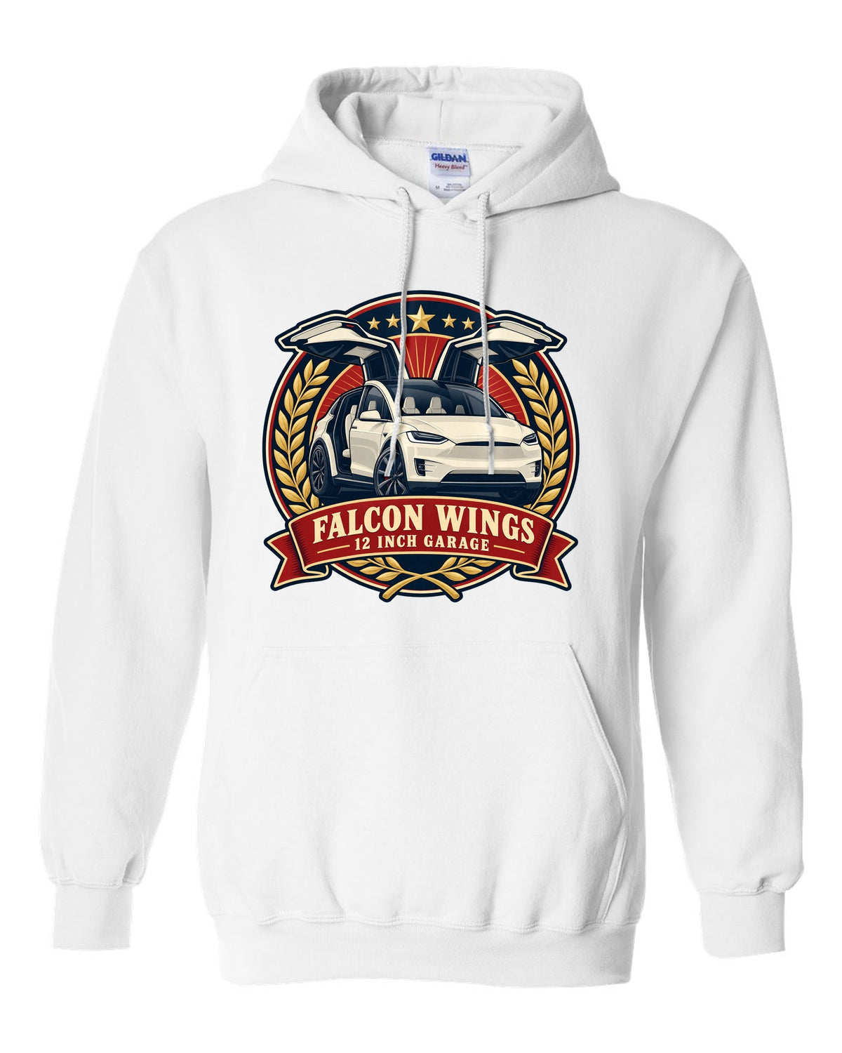Vintage badge illustration print of a Tesla Model X with falcon wing doors reading Falcon Wings 12 Inch Garage white pull over hoodie front view with the design