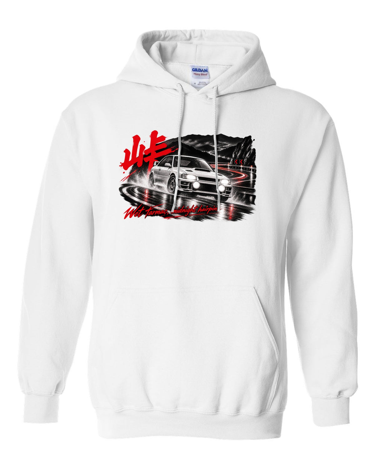 Subaru Impreza WRX GC8 coupe on a wet mountain hairpin at night with touge kanji white pull over hoodie front view with the design