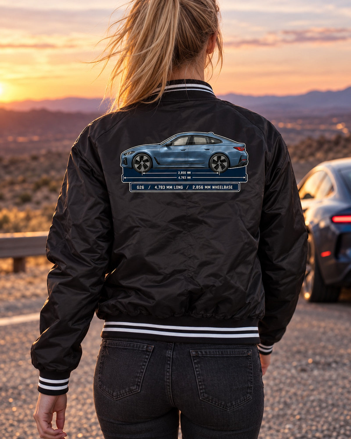 BMW i4 M50 G26 Gran Coupe Dimension Blueprint Shirt Bomber Jacket Black worn hero