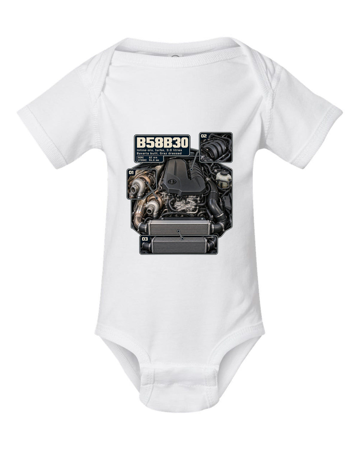 Engine hero print of the BMW B58B30 inline-six from the Z4 M40i white baby onesie front view with the design