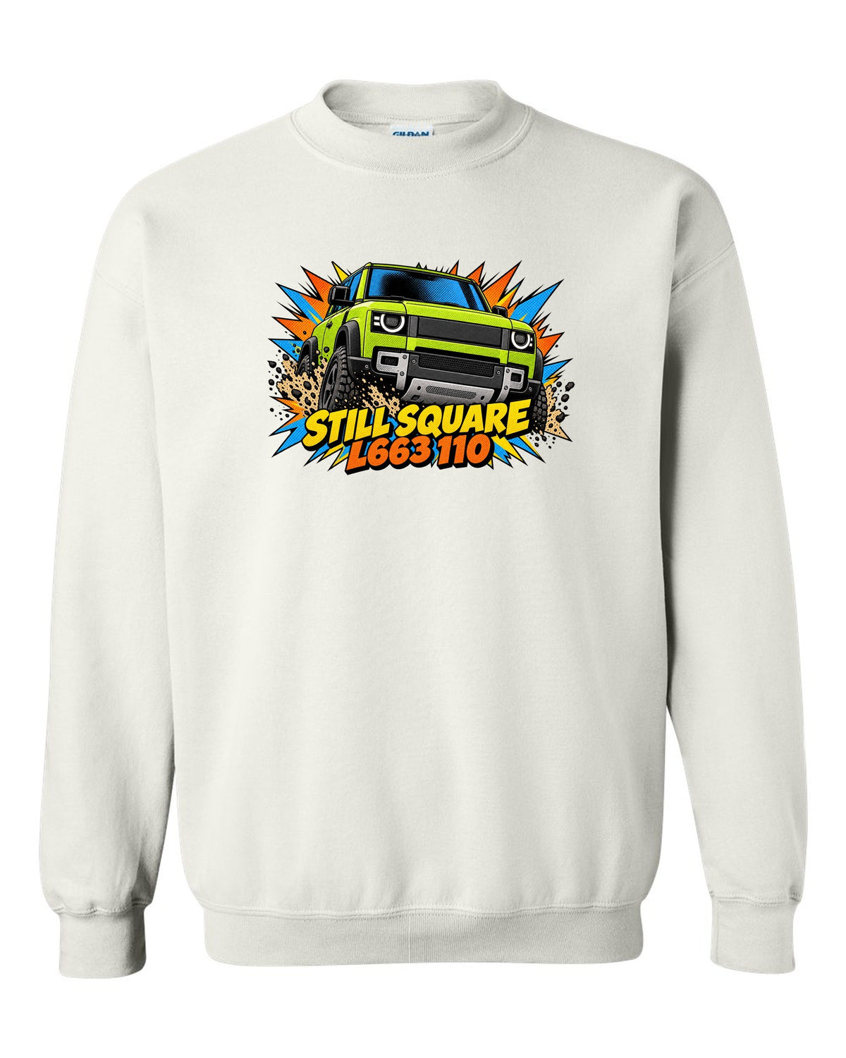 Comic halftone pop-art close-up of a Land Rover Defender L663 headlight with L663 110 lettering white crewneck front view with the design