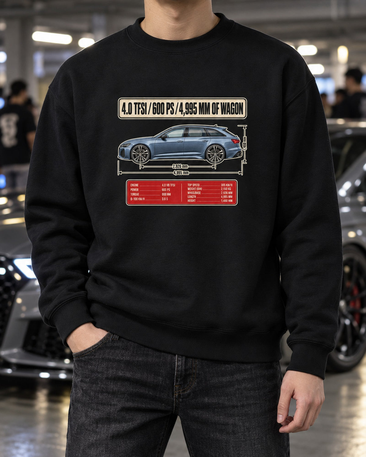 Audi RS6 Avant C8 Blueprint Profile Shirt, 4.0 TFSI Crewneck Black worn hero