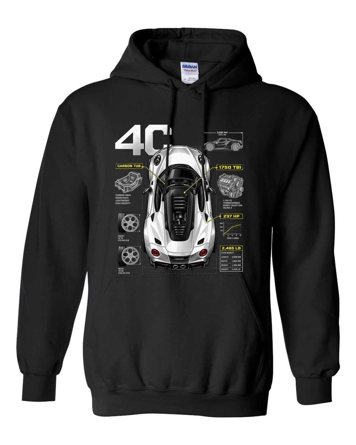 Overhead spec poster print of an Alfa Romeo 4C with carbon tub and 237 HP text black pull over hoodie front view with the design