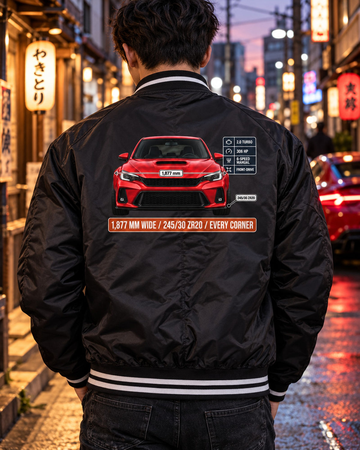 Civic Type R FK8 Front Elevation Spec Poster Tee, Rallye Red Bomber Jacket Black worn hero