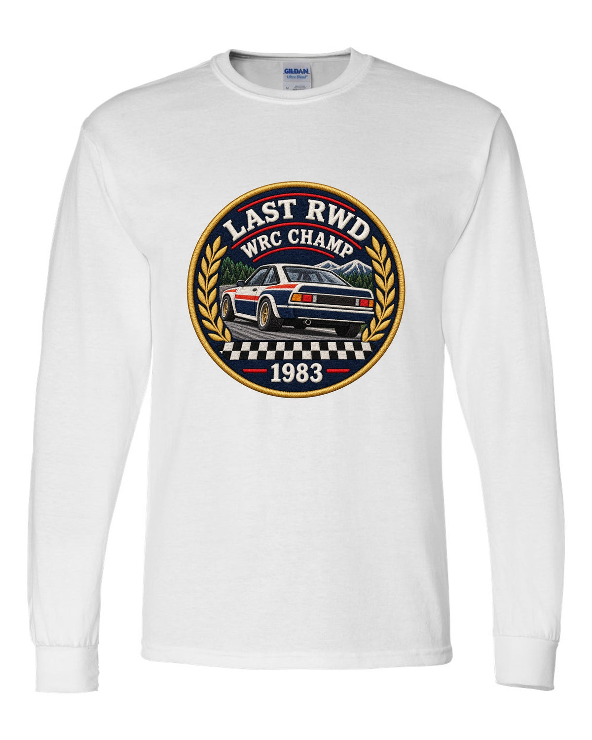 Embroidery patch style print of a 1983 Lancia Rally 037 with Last RWD WRC Champ lettering white long sleeve front view with the design