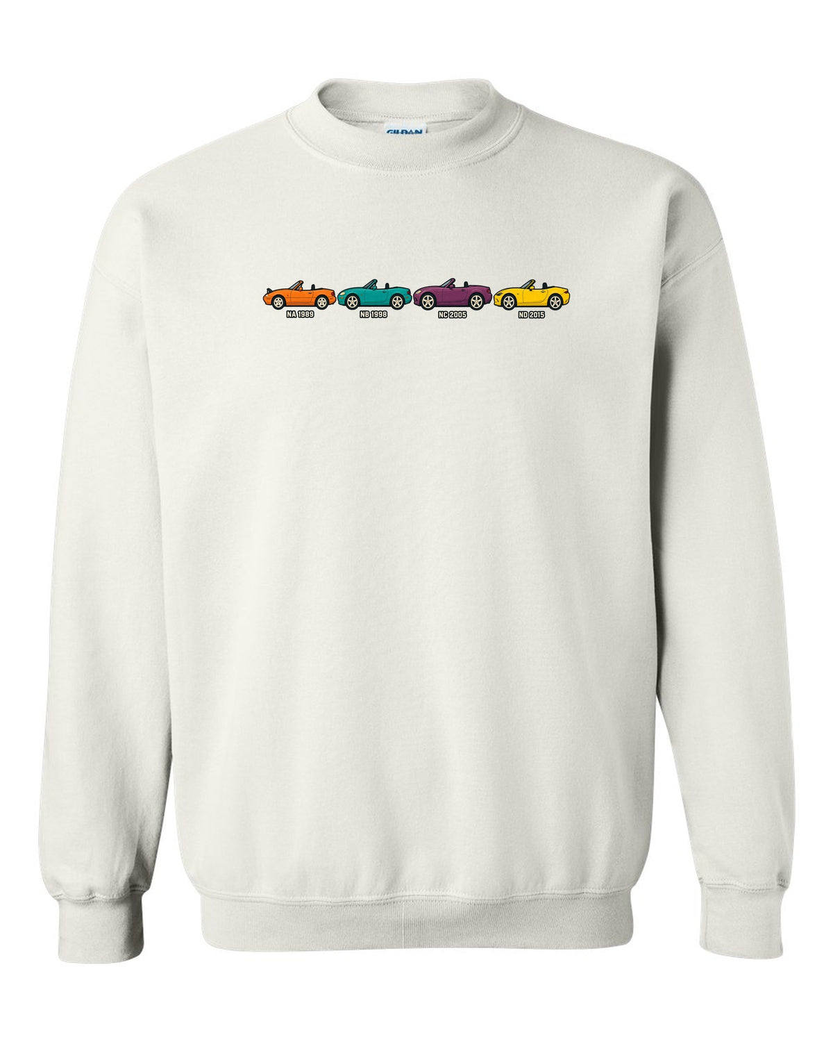 Ukiyo-e woodblock print of a Mazda MX-5 NA roadster taking a hairpin corner white crewneck front view with the design