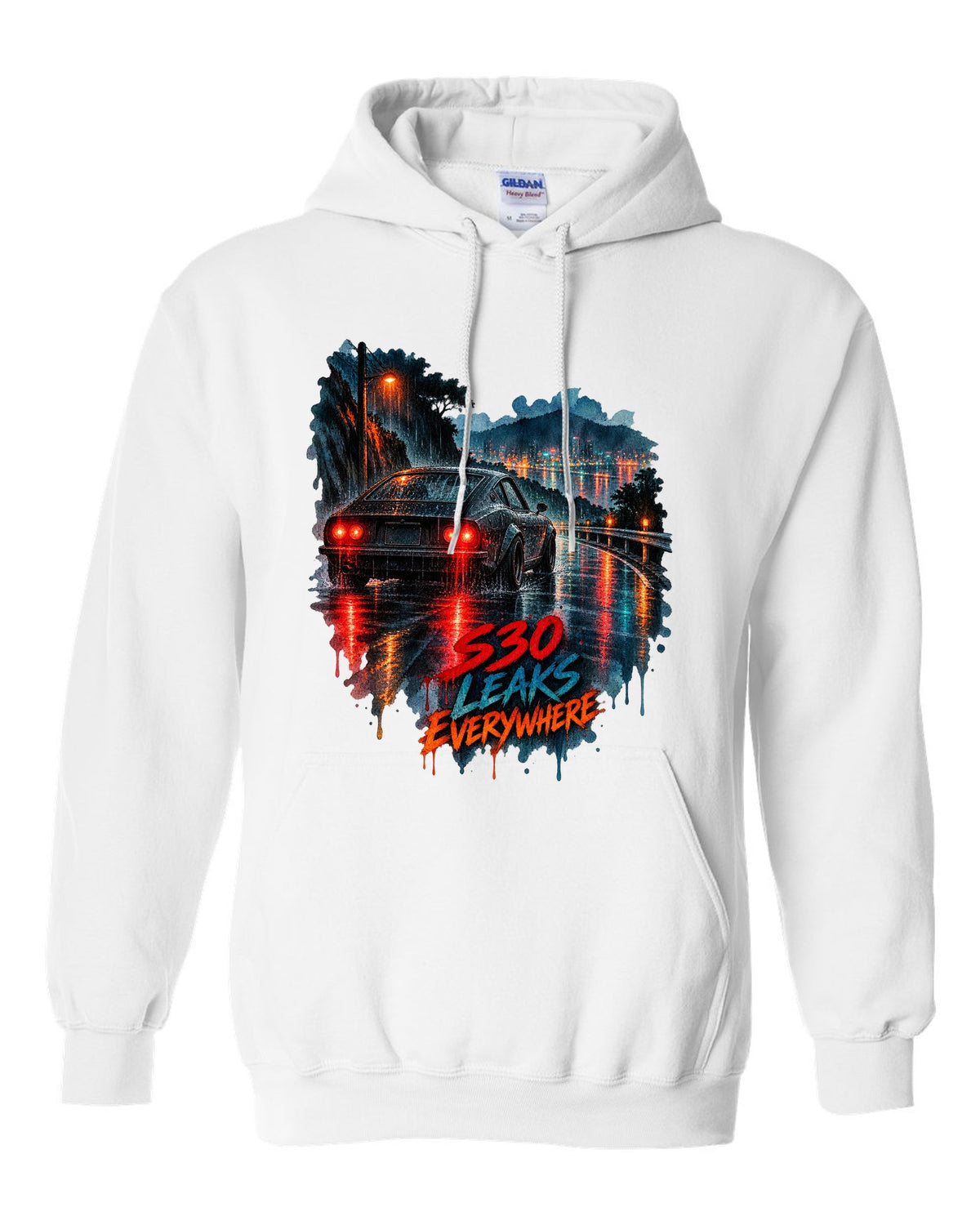 Watercolour wet-road night print of a Nissan Fairlady Z S30 with leaks everywhere lettering white pull over hoodie front view with the design