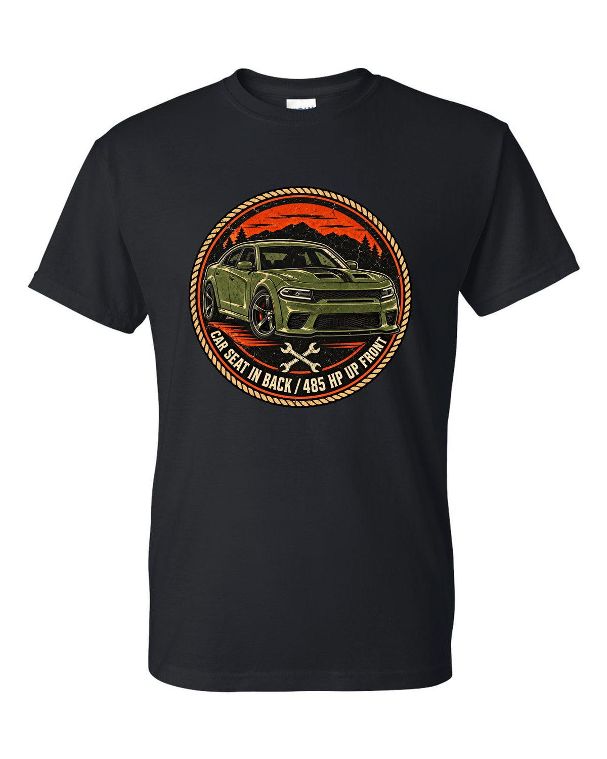 Vintage mechanic roundel patch design of a 2018 Dodge Charger Scat Pack with car seat caption black t-shirt front view with the design