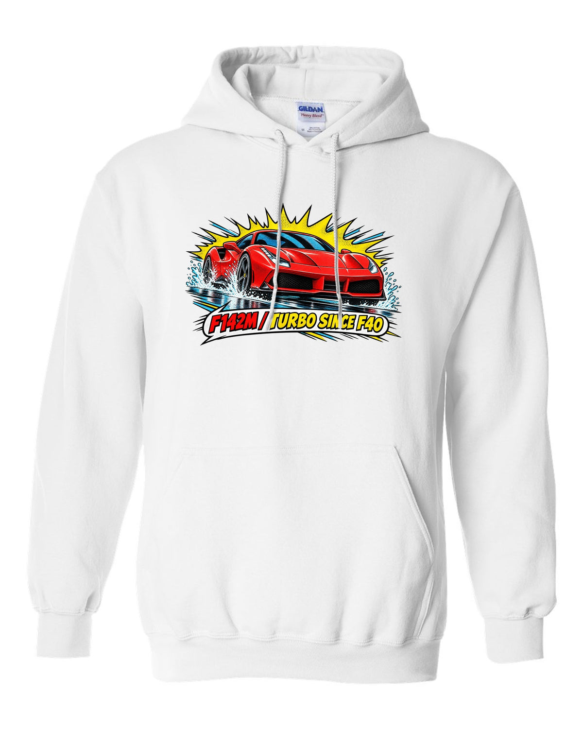 Comic halftone pop-art print of the Ferrari 488 GTB F142M with the text F142M, turbo since F40 white pull over hoodie front view with the design