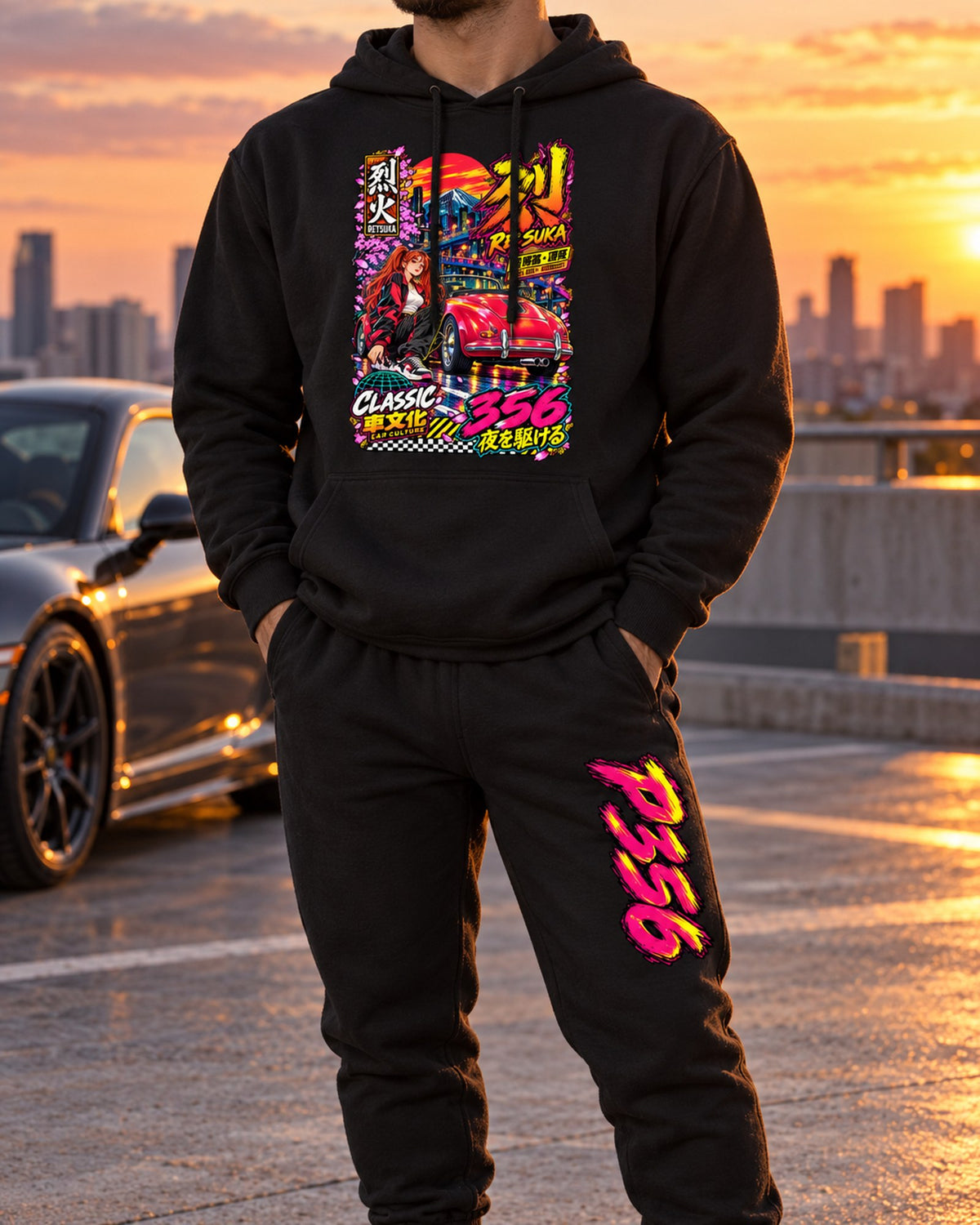 P356 Retsuka Anime Girl Poster Hoodie + Jogger Set Black worn hero