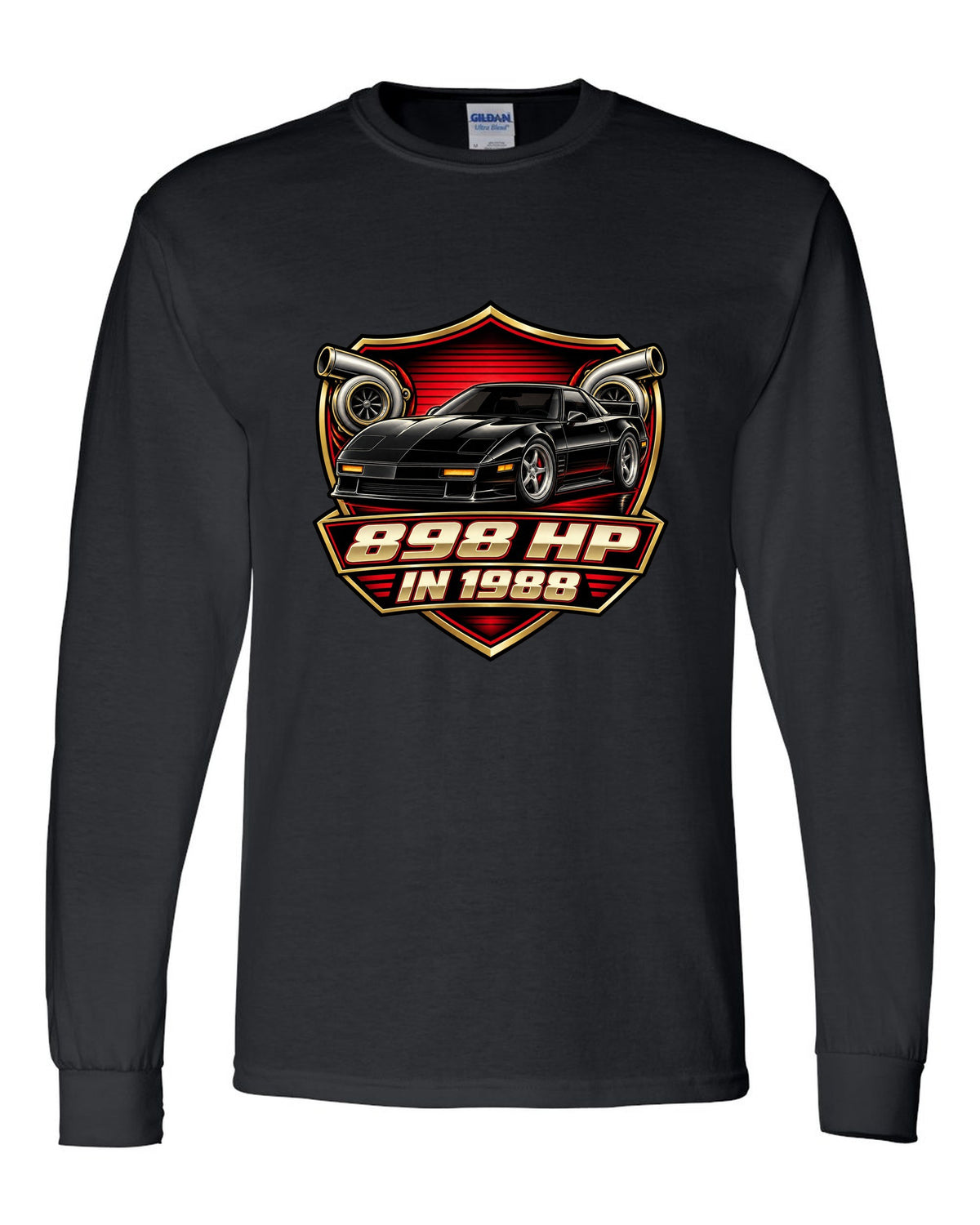 Badge crest design of a 2024 C8 hybrid AWD Corvette with 898 hp lettering black long sleeve front view with the design