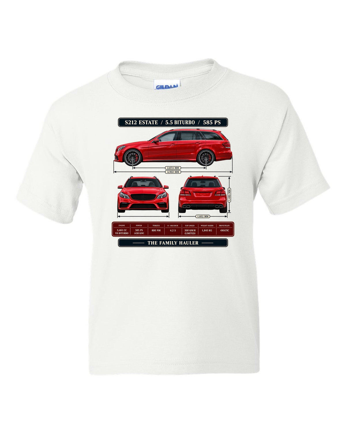 Three-view and spec table print of a signal red Mercedes-AMG E63 S S212 estate white kids tee front view with the design