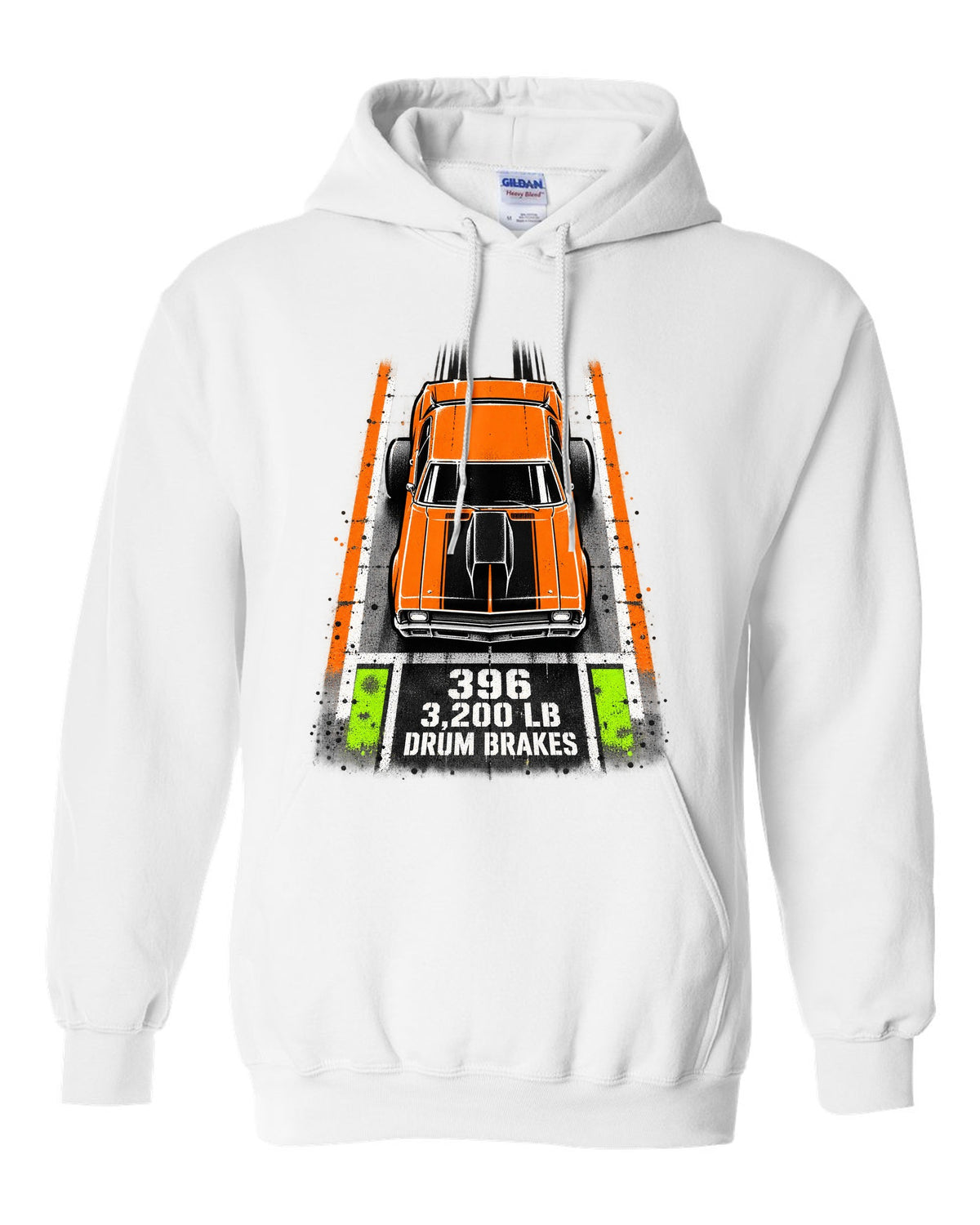 Stencil spray street art print of a 1970 Chevrolet Nova SS 396 with the text 396, 3,200 LB, Drum Brakes white pull over hoodie front view with the design