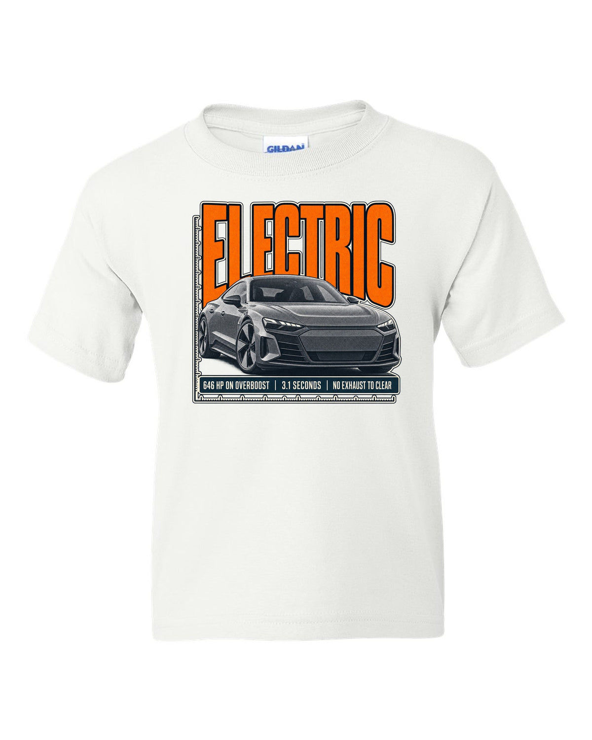 Audi RS e-tron GT low front three-quarter halftone statement print design white kids tee front view with the design
