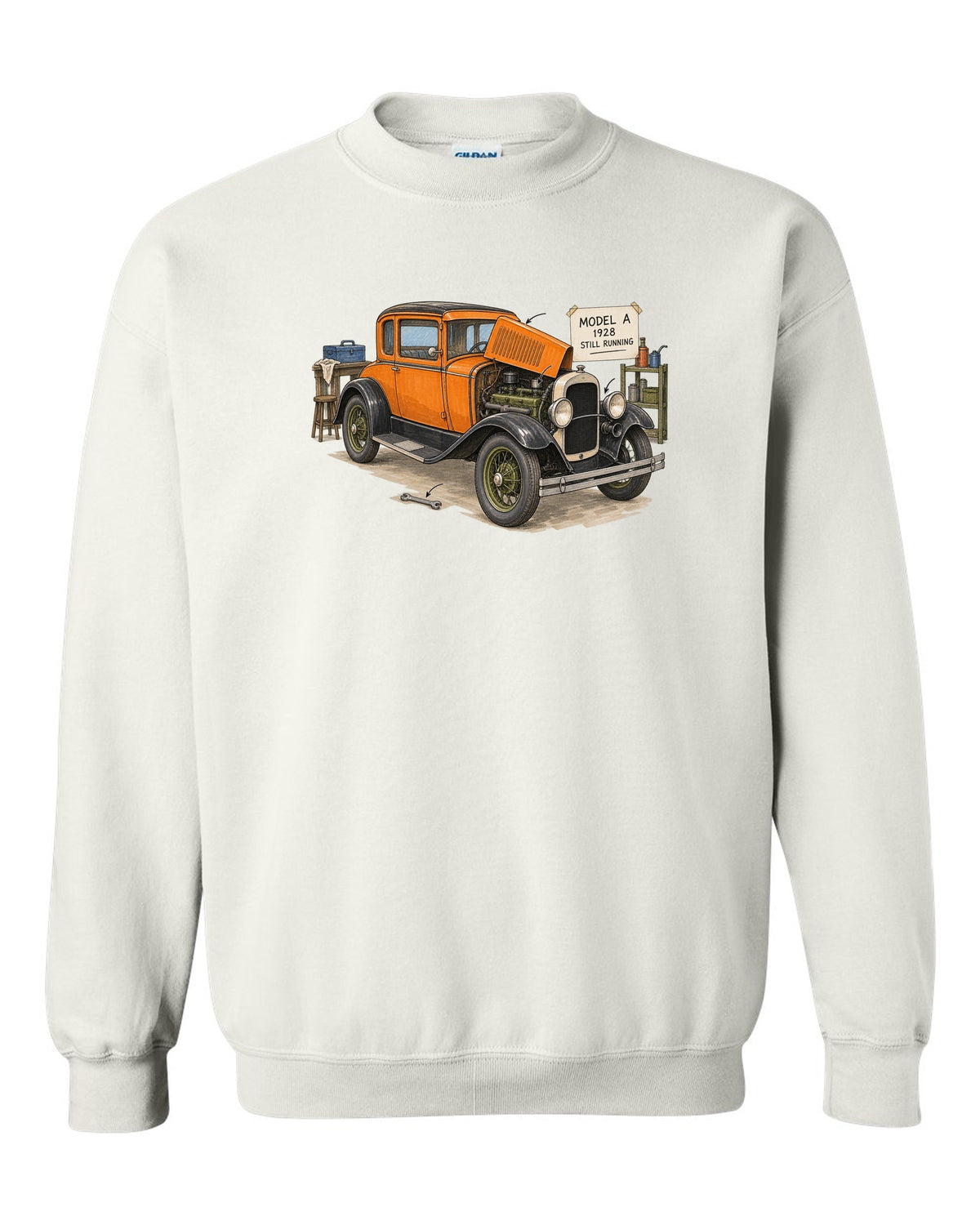 Ink and marker sketch of a 1928 Ford Model A coupe with still running lettering white crewneck front view with the design