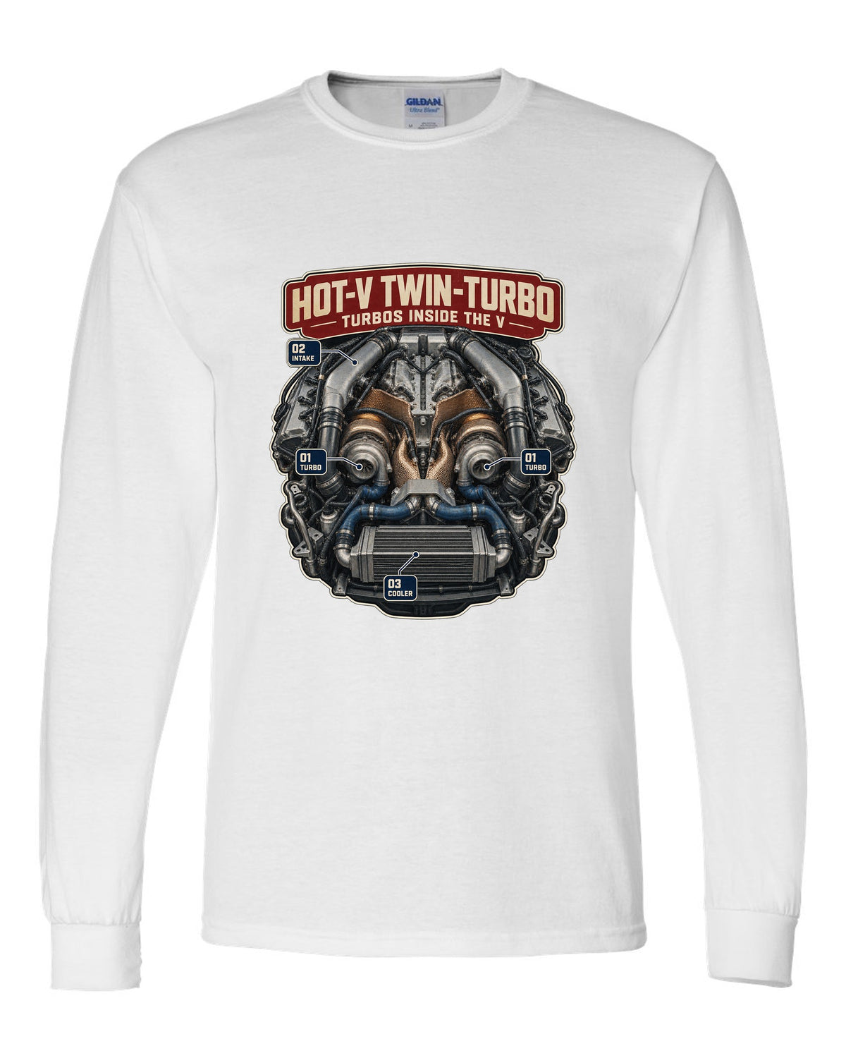 Engine poster of the Audi RS6 Avant C8 twin-turbo V8 with turbos inside the V white long sleeve front view with the design
