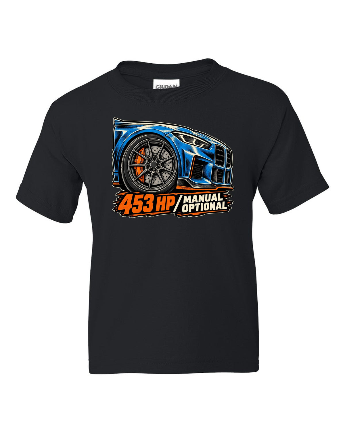 Embroidery-style shield crest print of a BMW M2 F87 with chargepipe fund text black kids tee front view with the design