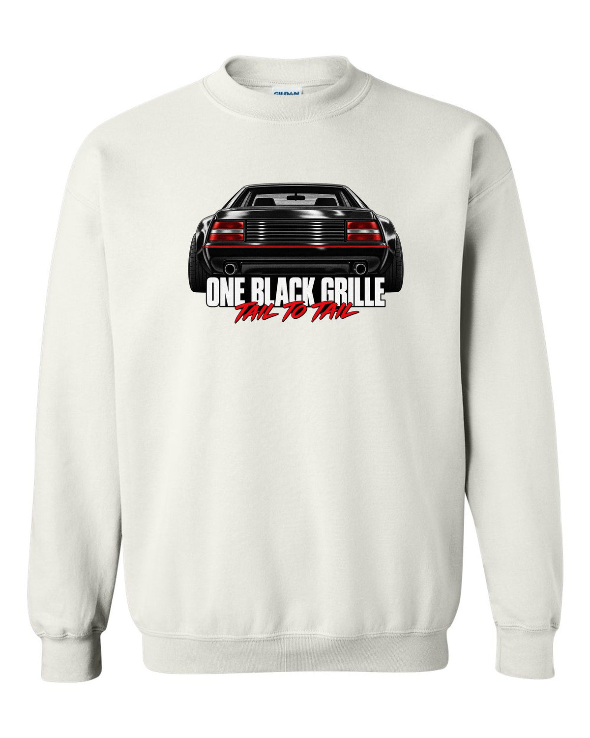 Macro print of the Ferrari Testarossa F110 rear grille with the line One Black Grille, Tail to Tail white crewneck front view with the design
