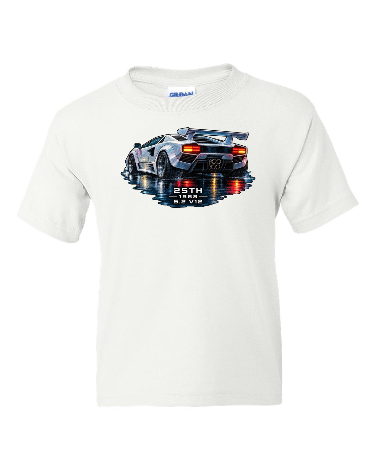 Watercolour wet-road night scene of a Lamborghini Countach 25th Anniversary with 25th 1988 5.2 V12 text white kids tee front view with the design