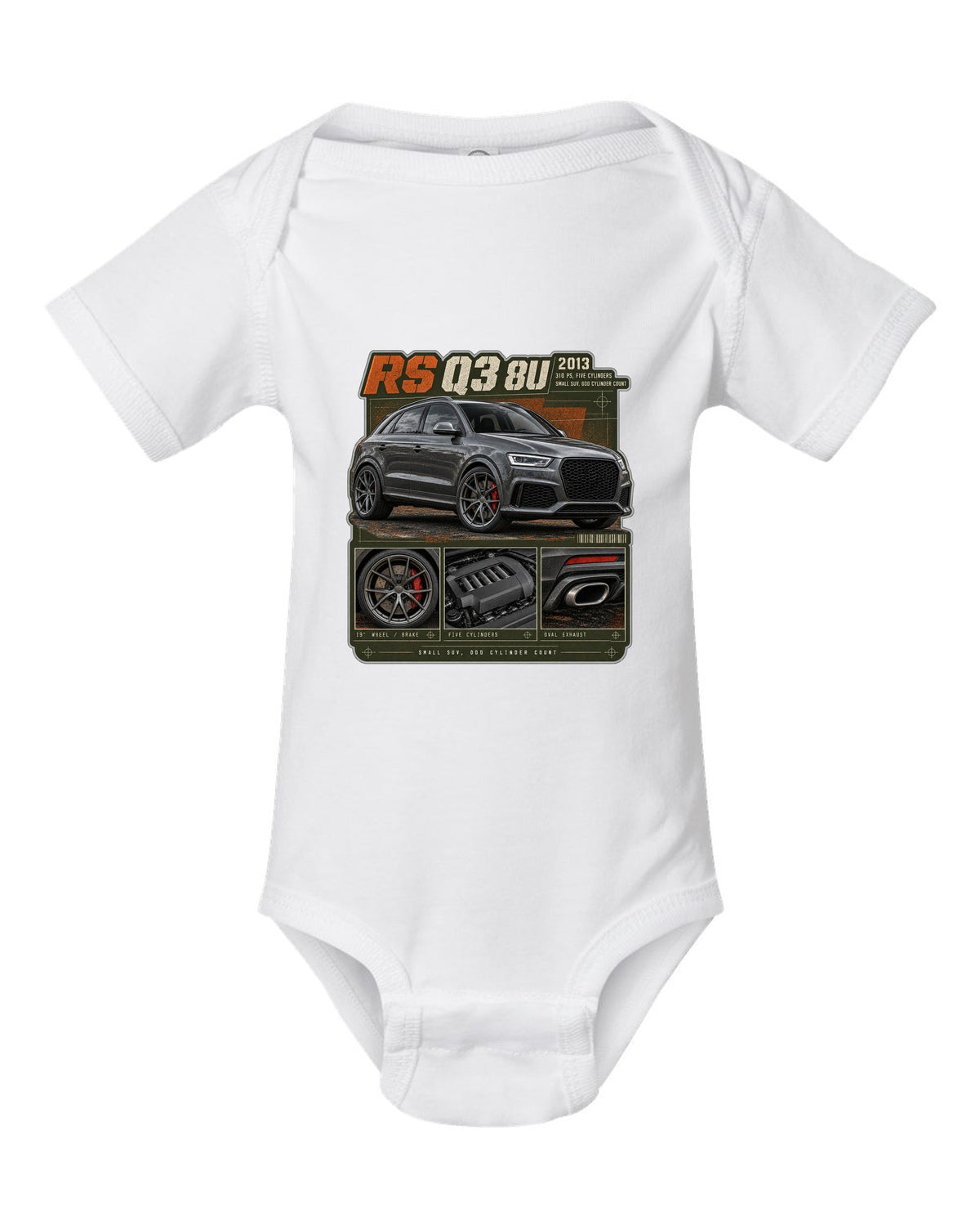 Audi RS Q3 8U dossier panels print with 310 PS five-cylinder text white baby onesie front view with the design