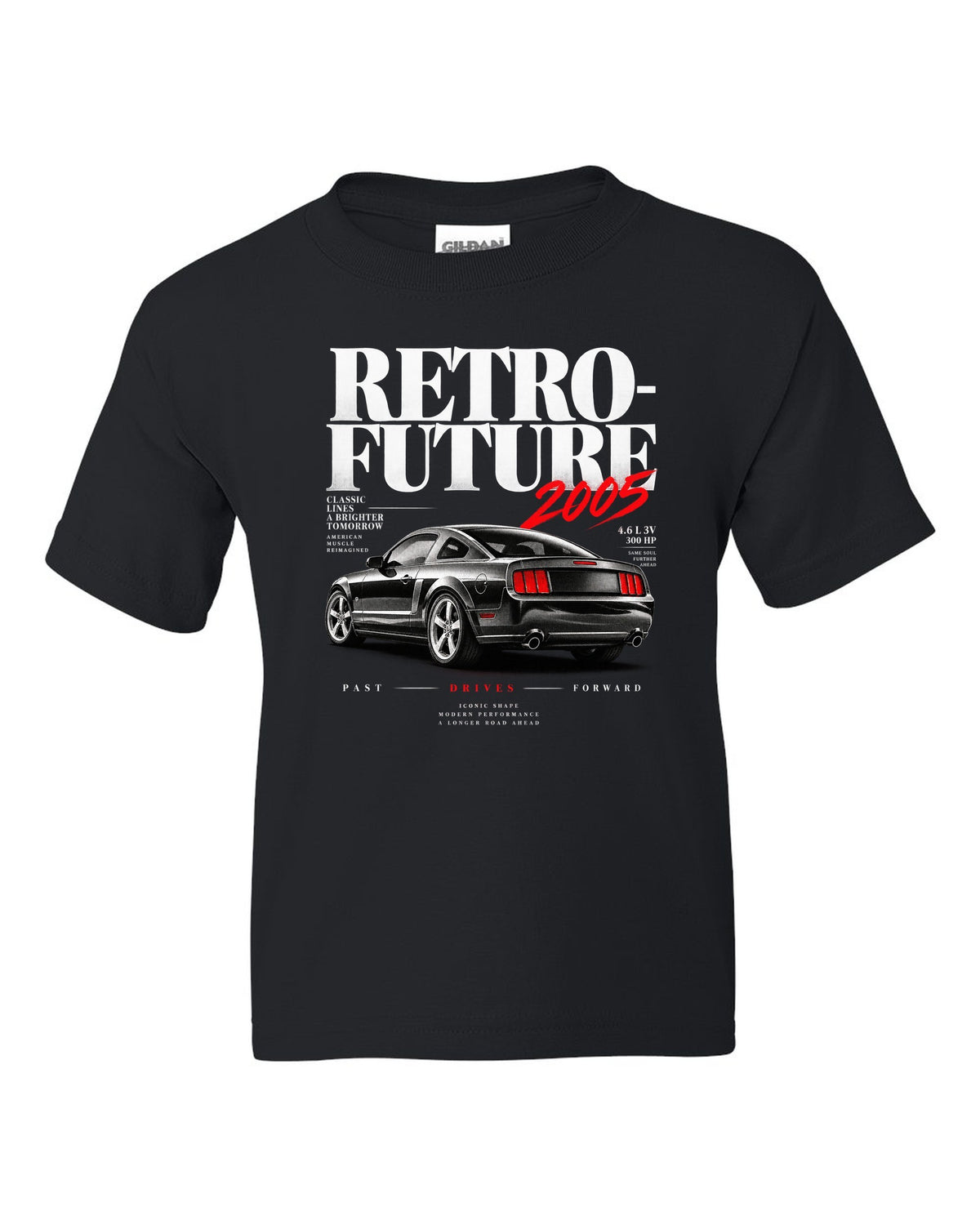 Editorial headline print of a 2005-09 Ford Mustang S197 GT black kids tee front view with the design