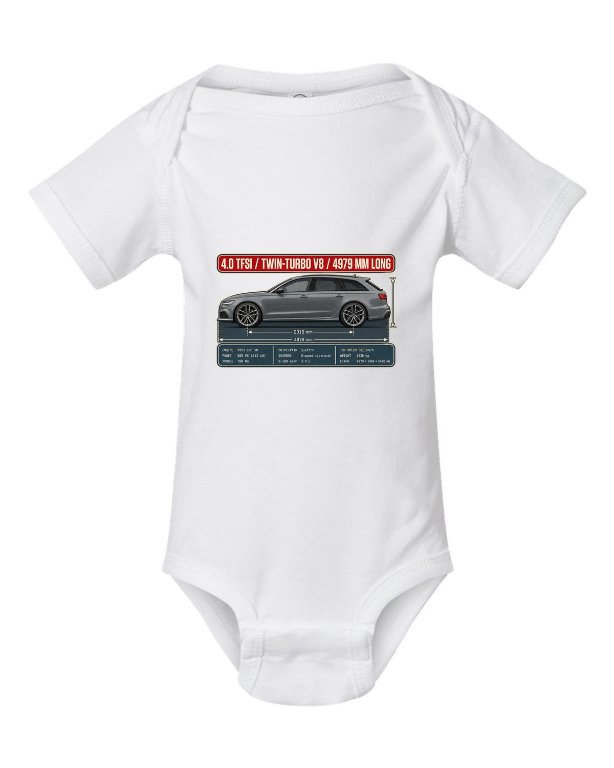 Audi RS6 Avant C7 Daytona grey dimension blueprint print white baby onesie front view with the design