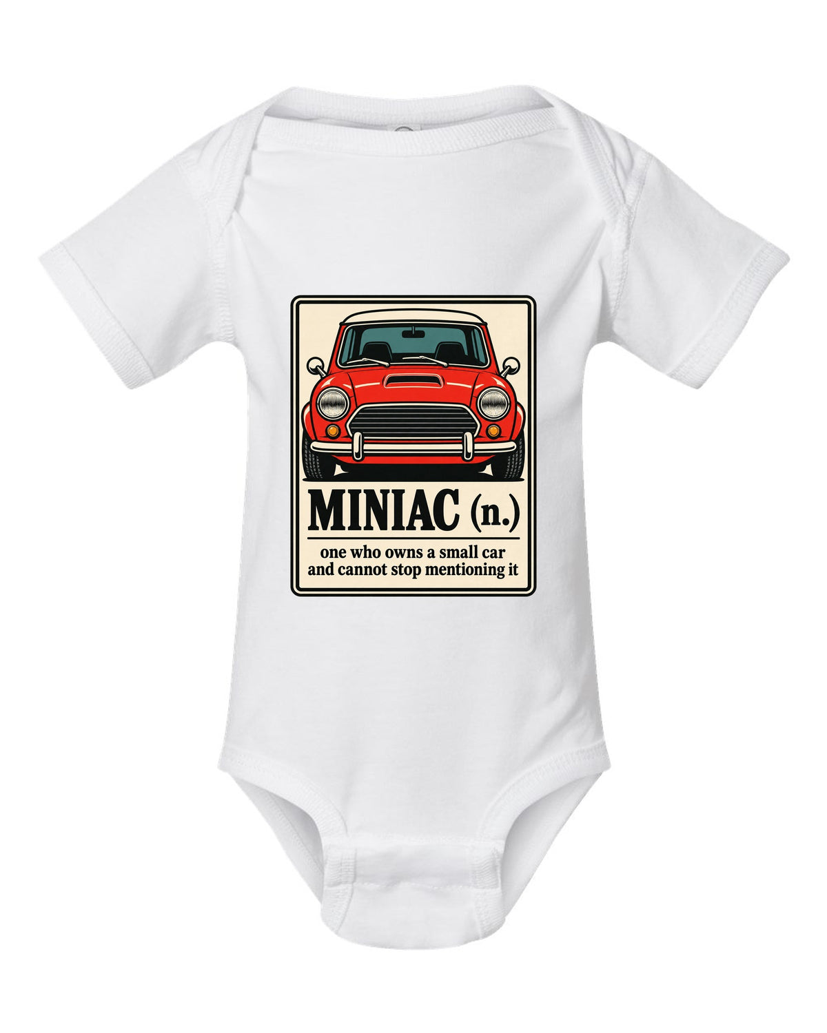 Dictionary definition card for Miniac on a Mini Cooper S R53 shirt white baby onesie front view with the design