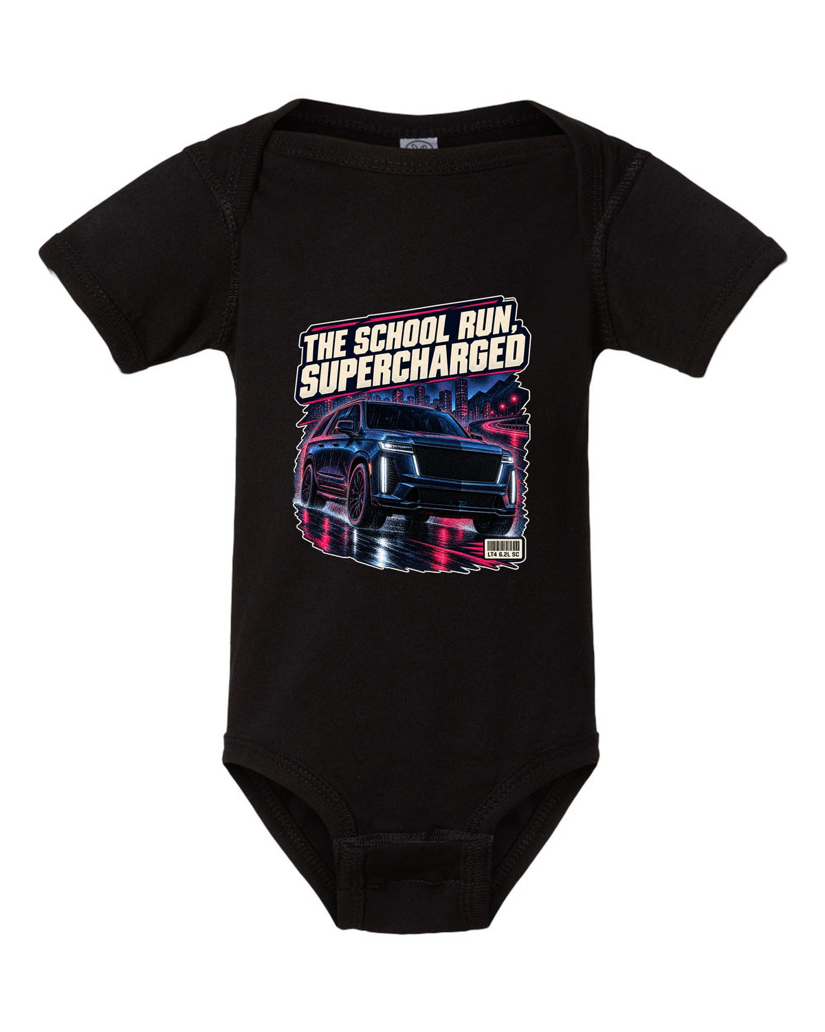 Night street print of a 2023-25 Cadillac Escalade-V black baby onesie front view with the design