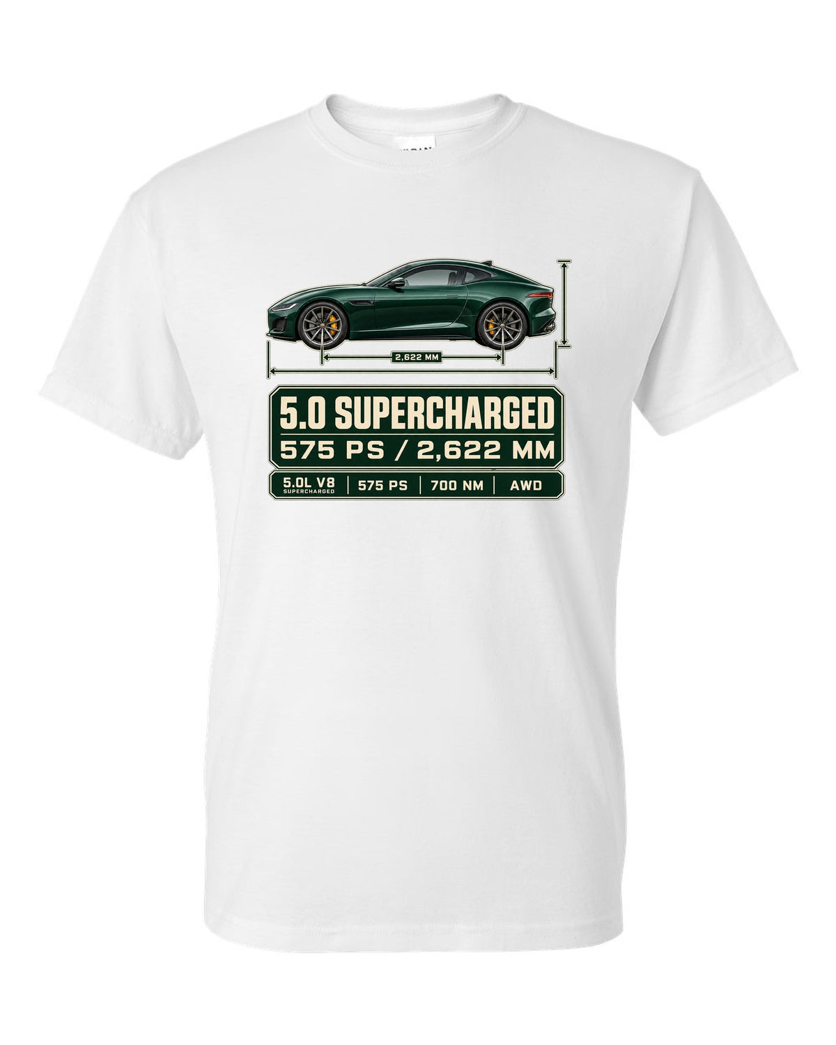 Spec poster print of the Jaguar F-Type R Coupe with 5.0 supercharged and 575 PS text white t-shirt front view with the design