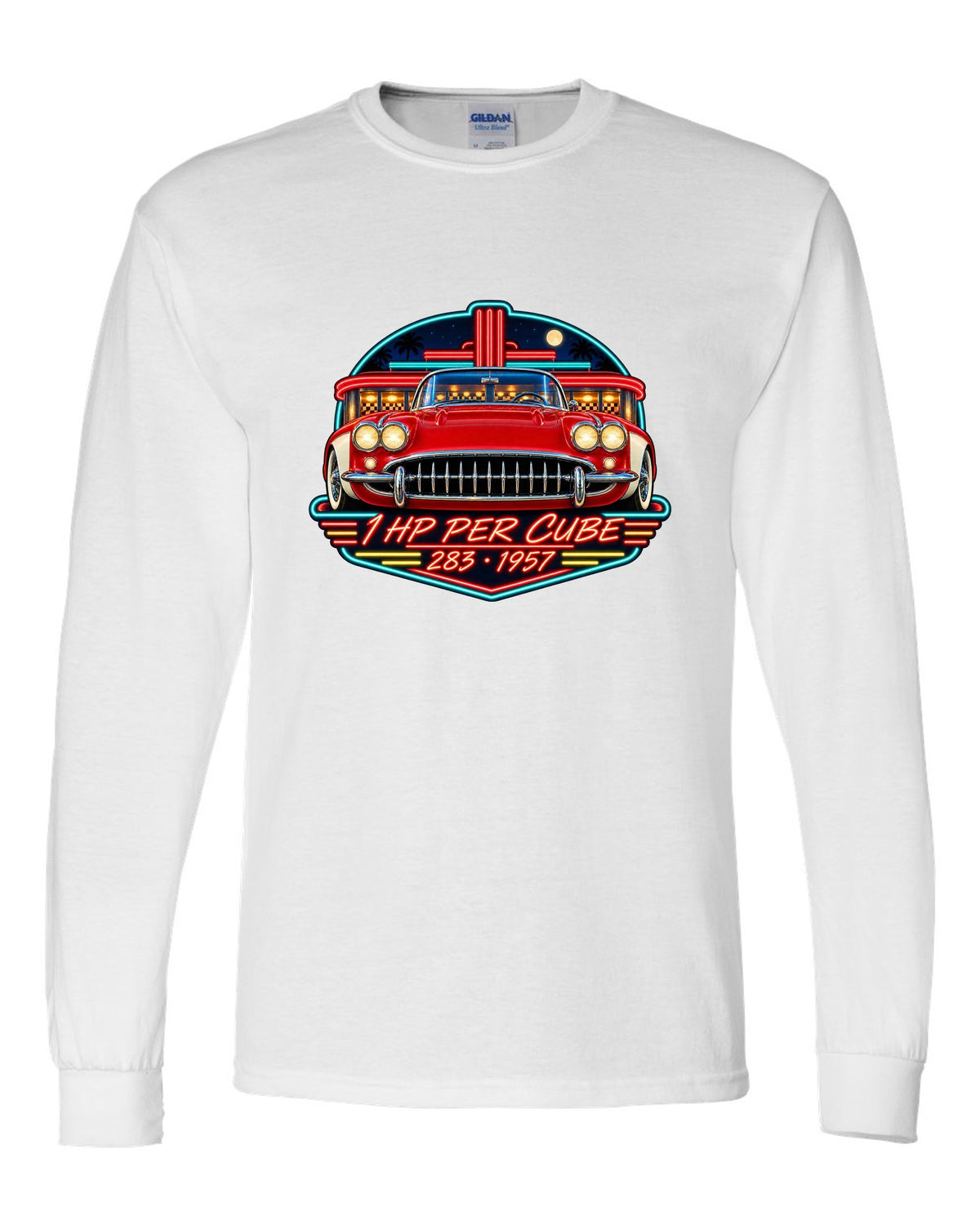 Vintage neon diner sign print of a 1957 Chevrolet Corvette C1 with 1 HP Per Cube 283 lettering white long sleeve front view with the design
