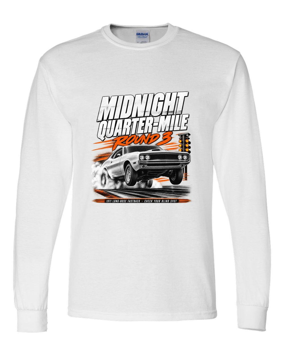 Race poster illustration of a 1971 Ford Mustang long-nose fastback titled midnight quarter-mile white long sleeve front view with the design