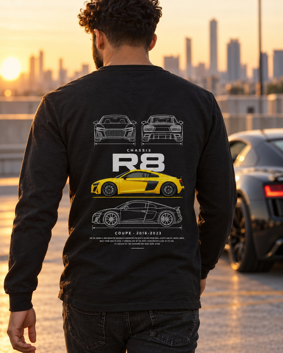 Audi R8 second generation Blueprint Full-Back Graphic Tee, R8 Chassis Code Long Sleeve Black worn hero