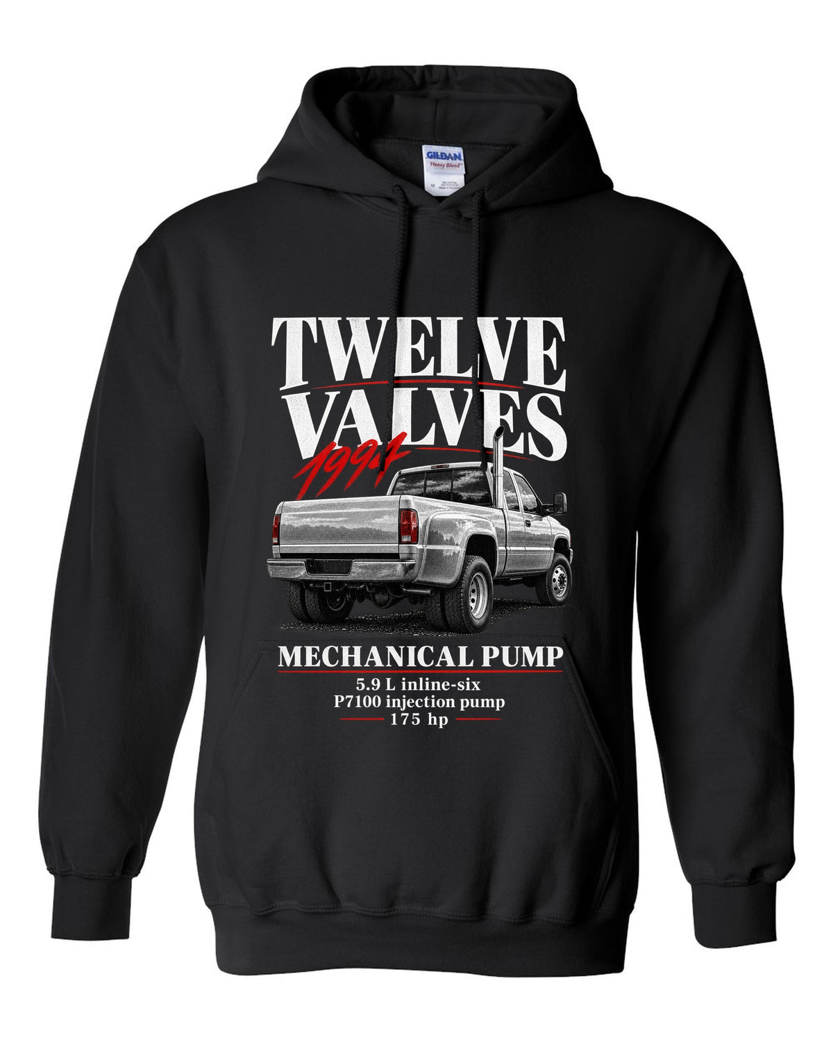 Editorial print of a 1994-98 Dodge Ram 2500 2nd gen 12-valve in a rear three-quarter view black pull over hoodie front view with the design