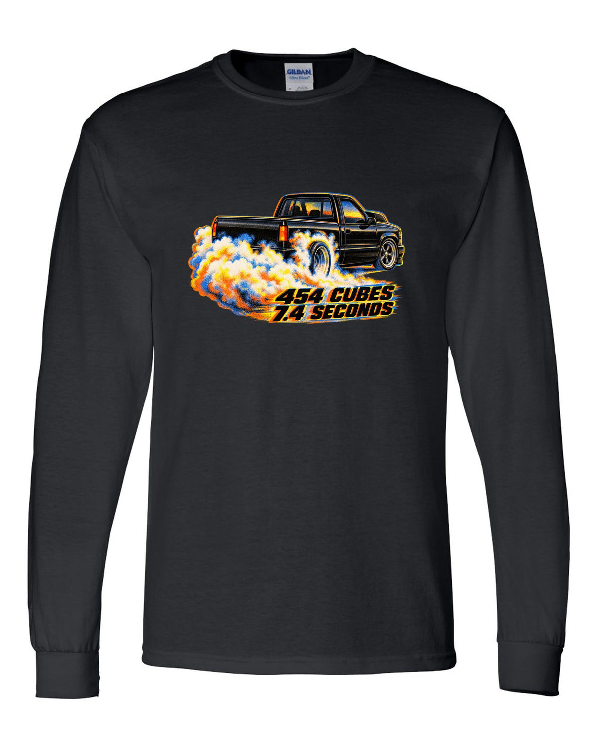 Risograph burnout smoke print of a 1990-93 Chevrolet 454 SS pickup with 454 cubes text black long sleeve front view with the design