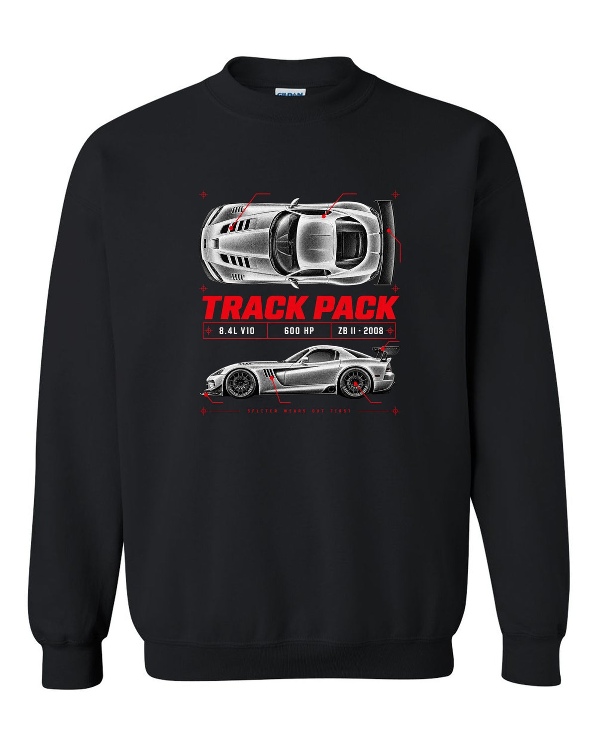 Spec poster print of a 2008 Dodge Viper ACR ZB II with Track Pack, 8.4L V10 and 600 HP text black crewneck front view with the design
