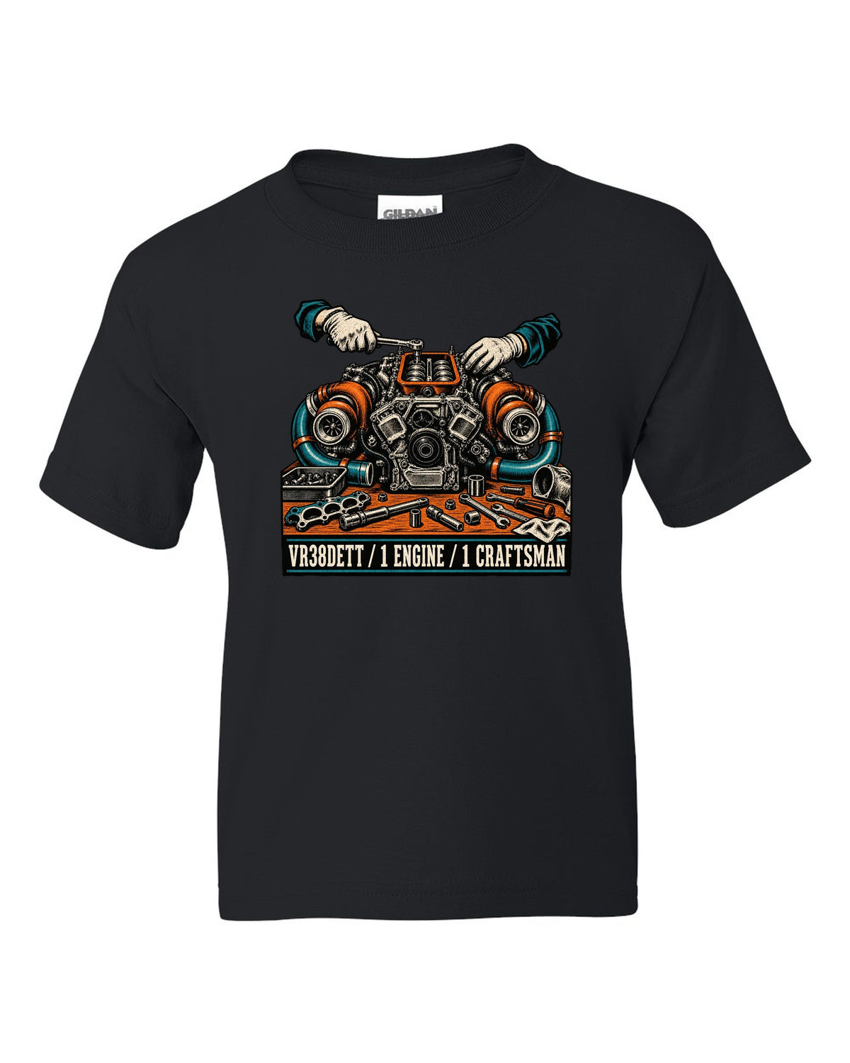 Linocut block-print back design of a Nissan GT-R R35 with VR38DETT engine text black kids tee front view with the design