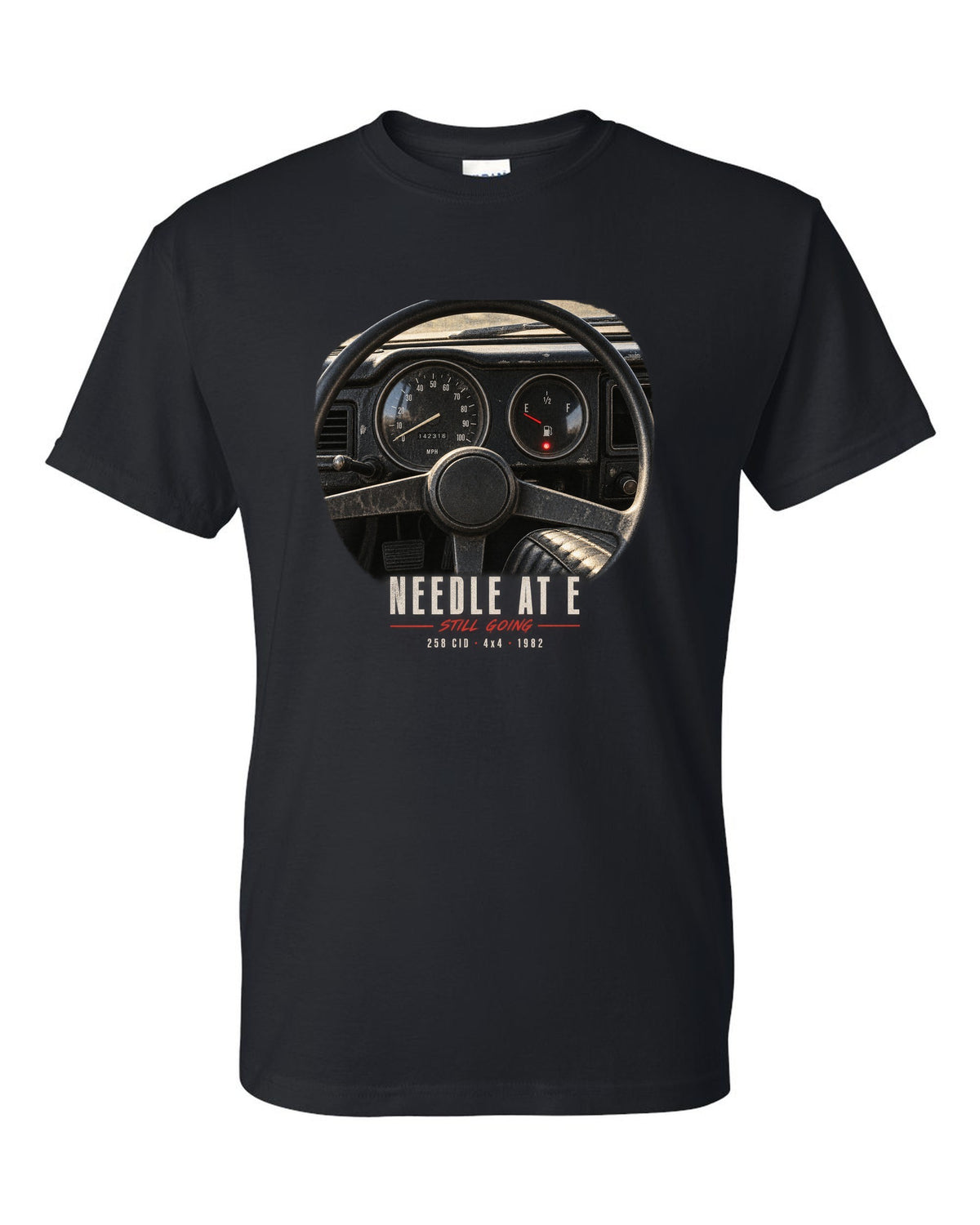 Gauge cockpit print for the Jeep CJ-7, Needle At E Still Going black t-shirt front view with the design