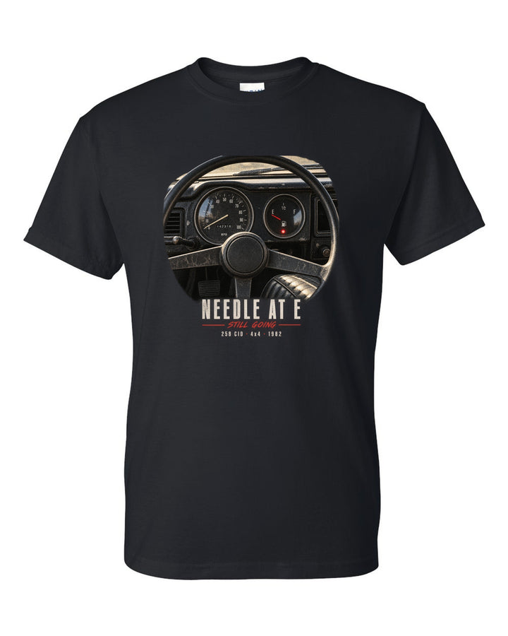 Gauge cockpit print for the Jeep CJ-7, Needle At E Still Going black t-shirt front view with the design