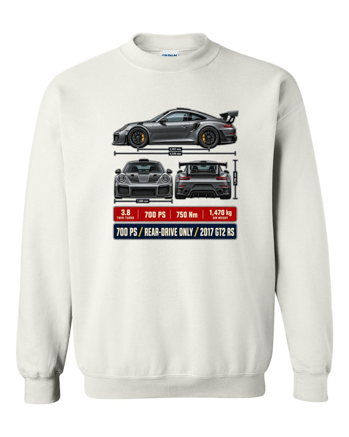 Porsche 911 GT2 RS 991.2 three-view dossier print design white crewneck front view with the design