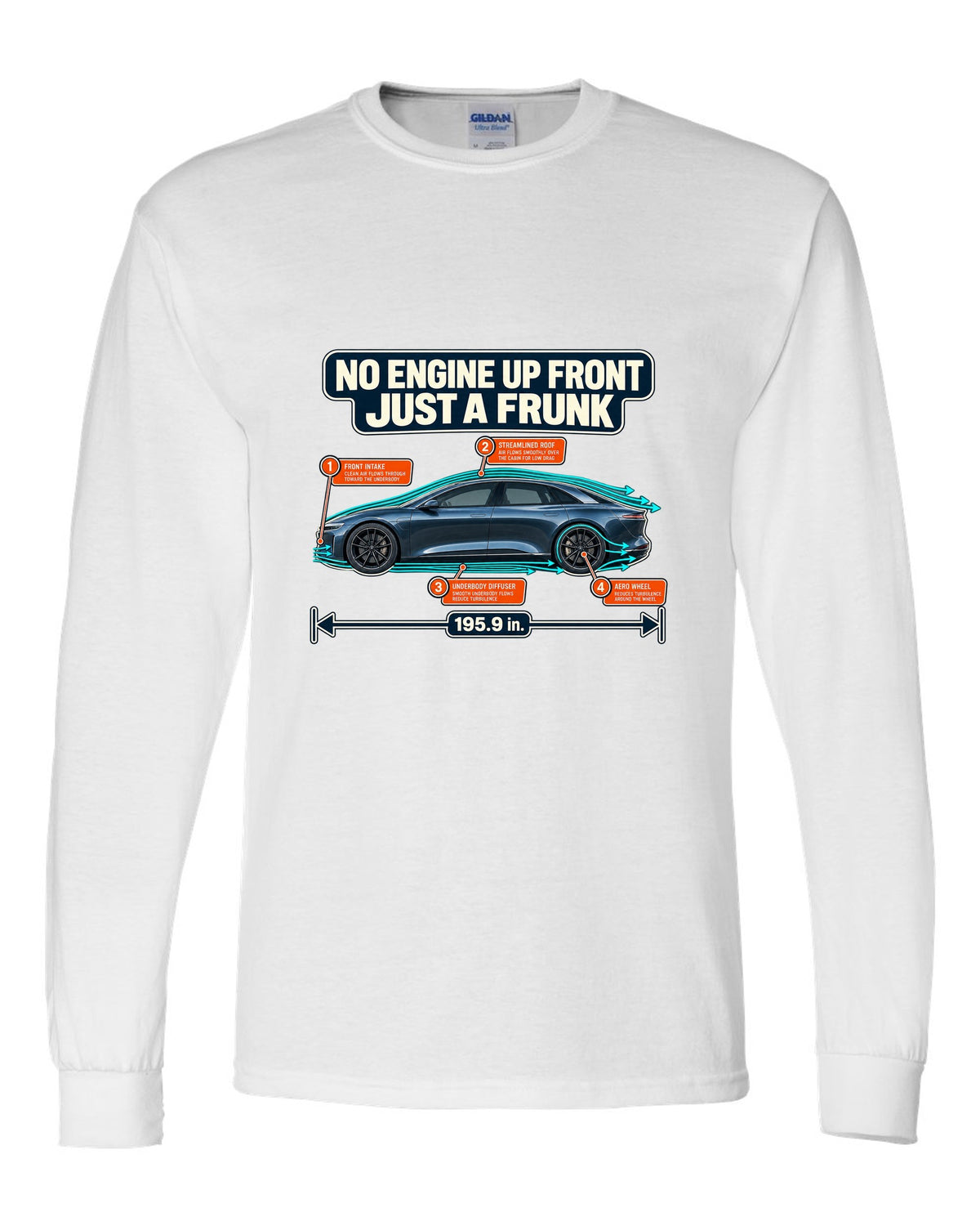 Aero cutaway callout print of a Lucid Air Sapphire showing the front trunk white long sleeve front view with the design