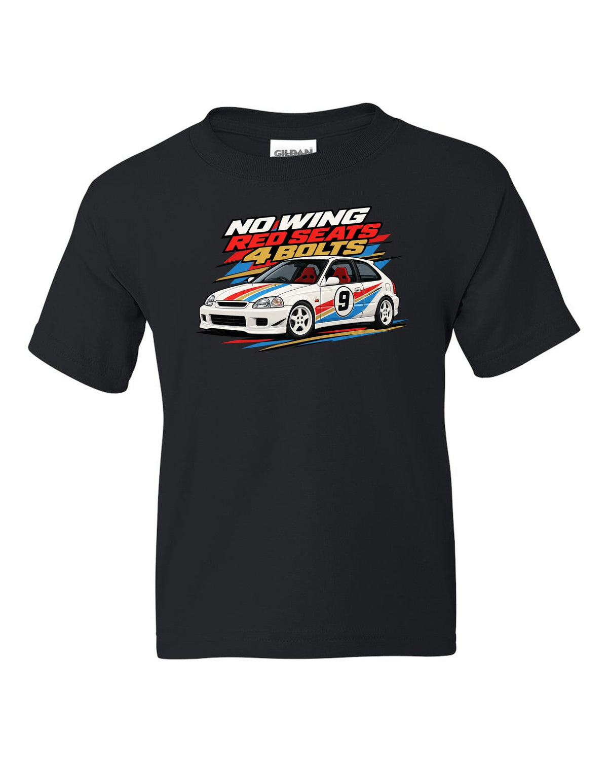 Retro racing livery print of a Honda Civic Type R EK9 with no wing red seats 4 bolts text black kids tee front view with the design